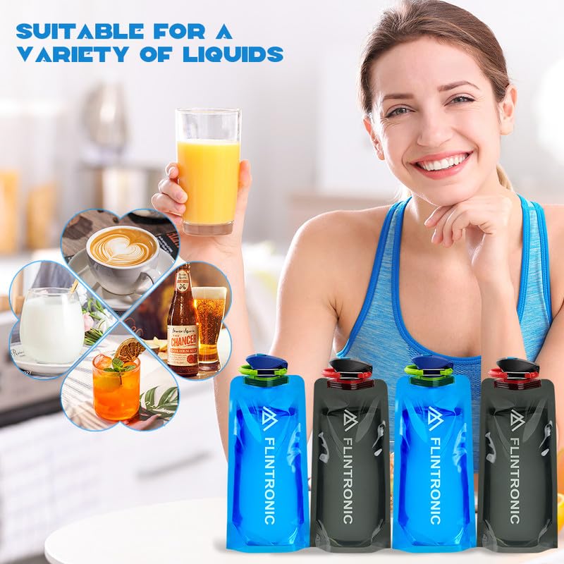 flintronic 700 ml Składany system butelek na wodę * 4 szt., Składana elastyczna butelka na wodę wielokrotnego użytku, składana torba na wodę, z Ce, Certyfikowane Rohs, na kemping, wędrówki, podróże