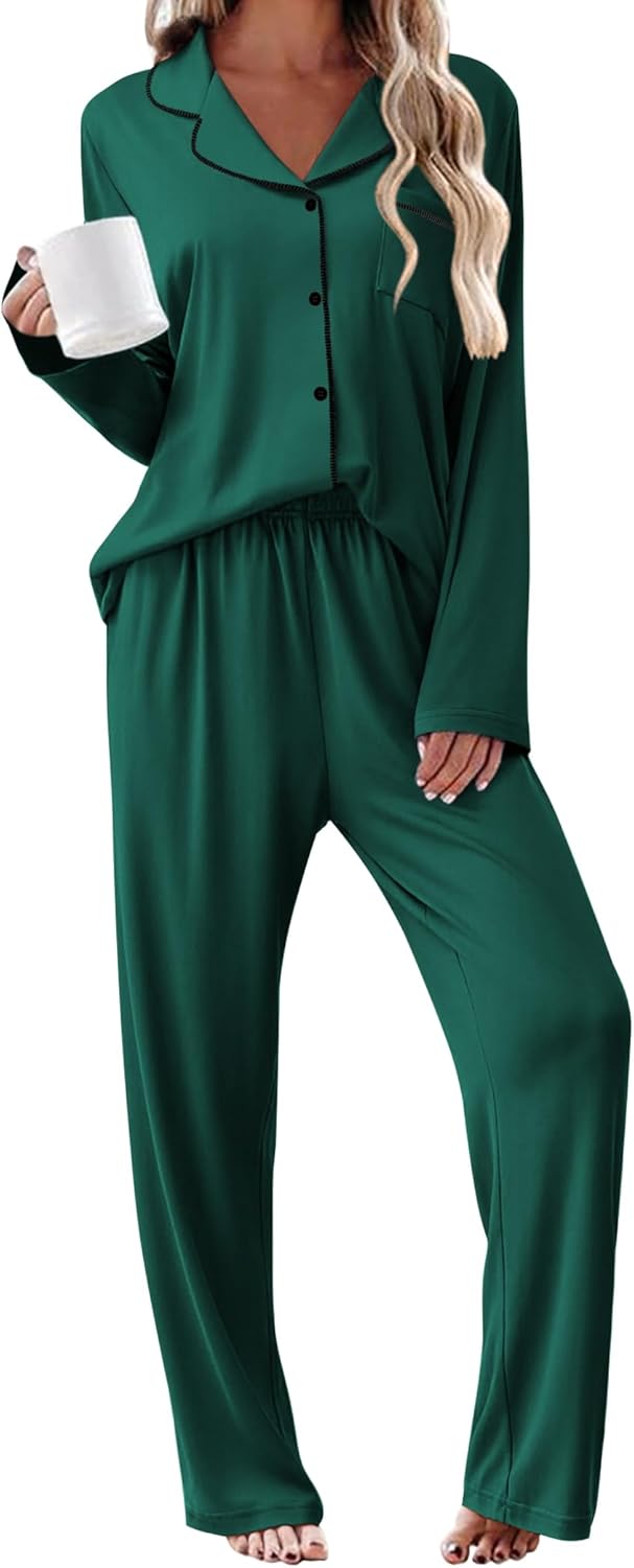 Ekouaer Womens Pajama Sets 2 Piece Long Sleeve Sleepwear Soft Button Down Pjs Lounge Set S-XXL