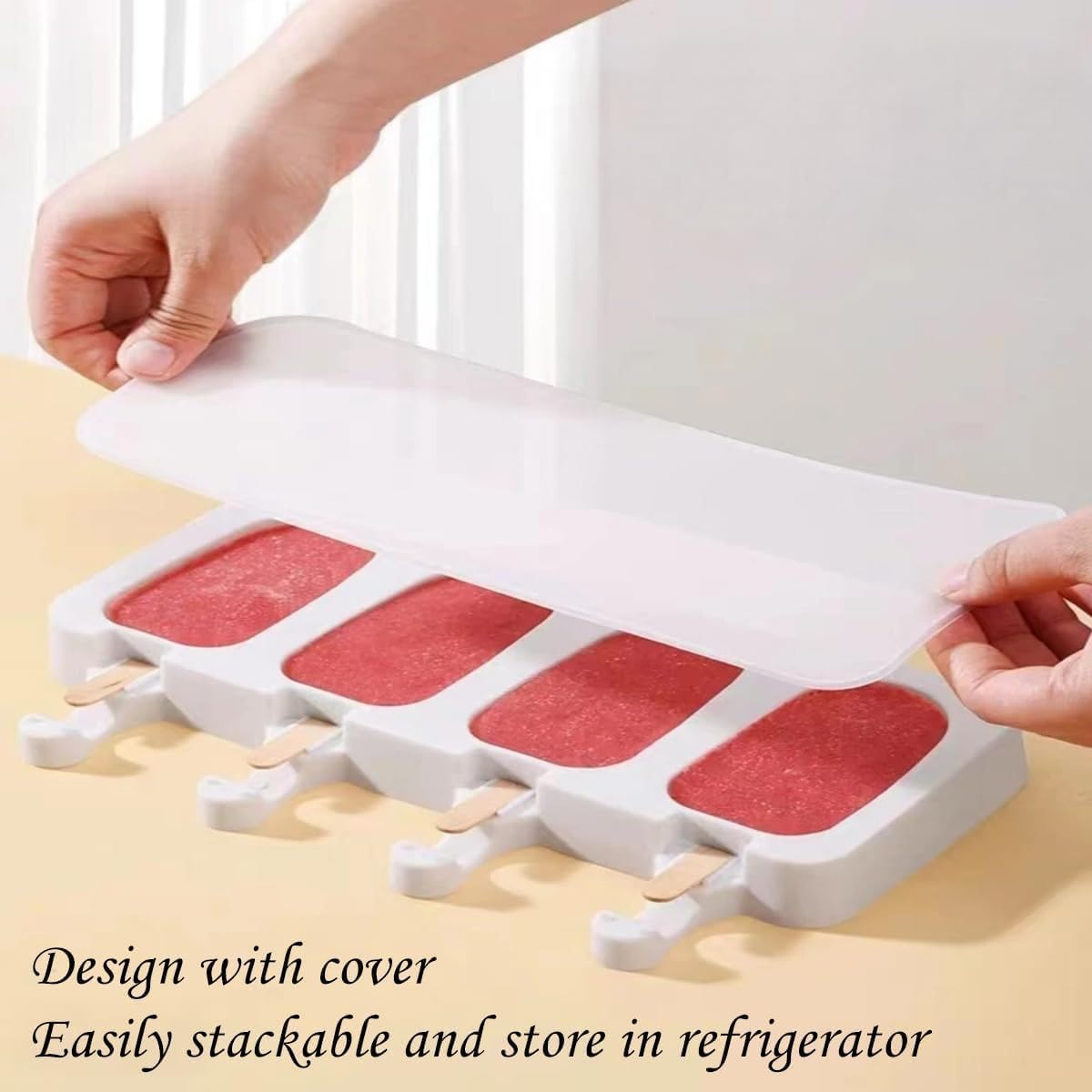 2Pack Popsicles Molds with Lid 4 Cavities Ice Cream Mold 100 Wooden Sticks