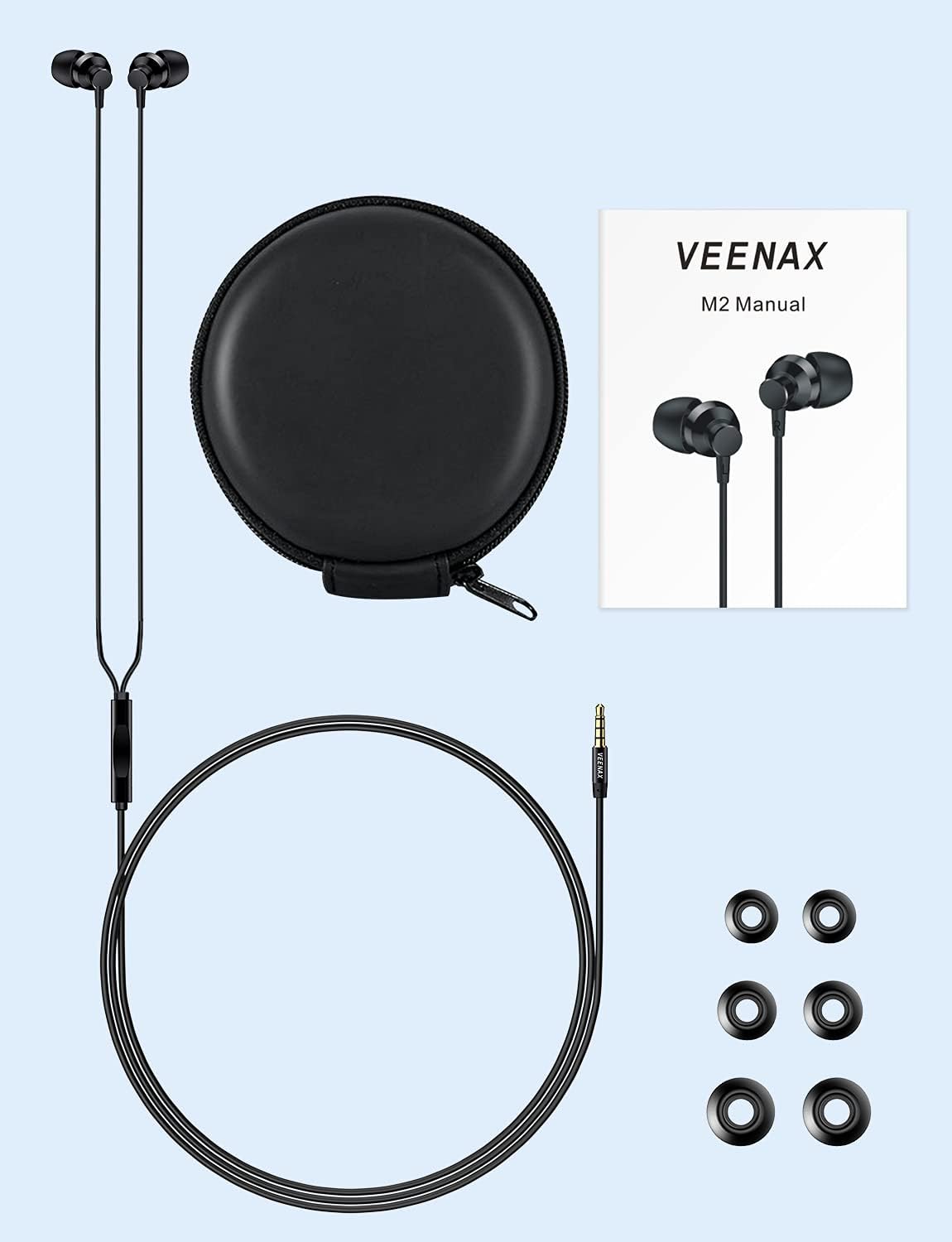 VEENAX M2 Wired Earbuds package contents
