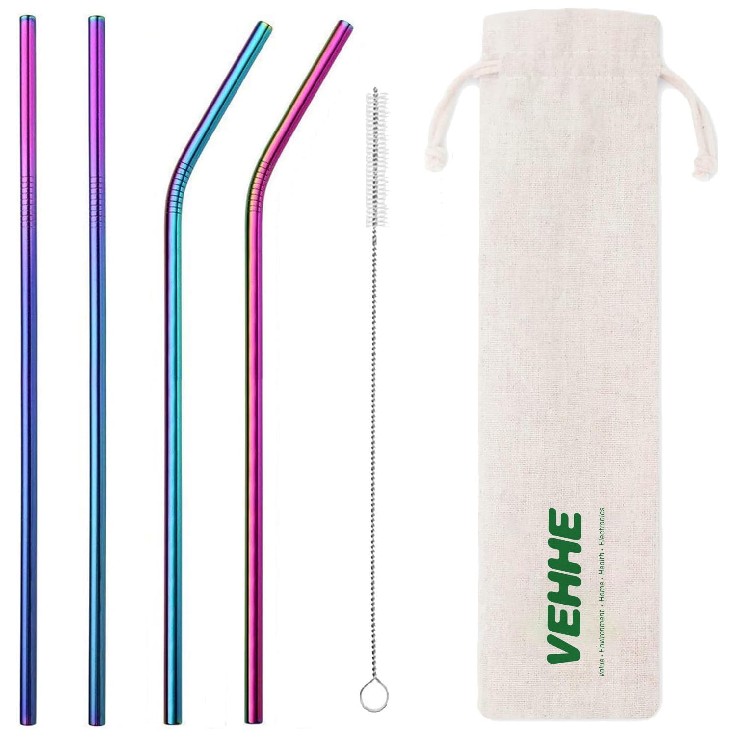 VEHHE Metal Straw Stainless Steel Straws Drinking Reusable Straws 4 Set -10.5" Ultra Long Rainbow Color-Cleaning Brush for 20/30 Oz for Yeti RTIC SIC Ozark Trail Tumblers (2 Straight|2 Bent|1 Brush)