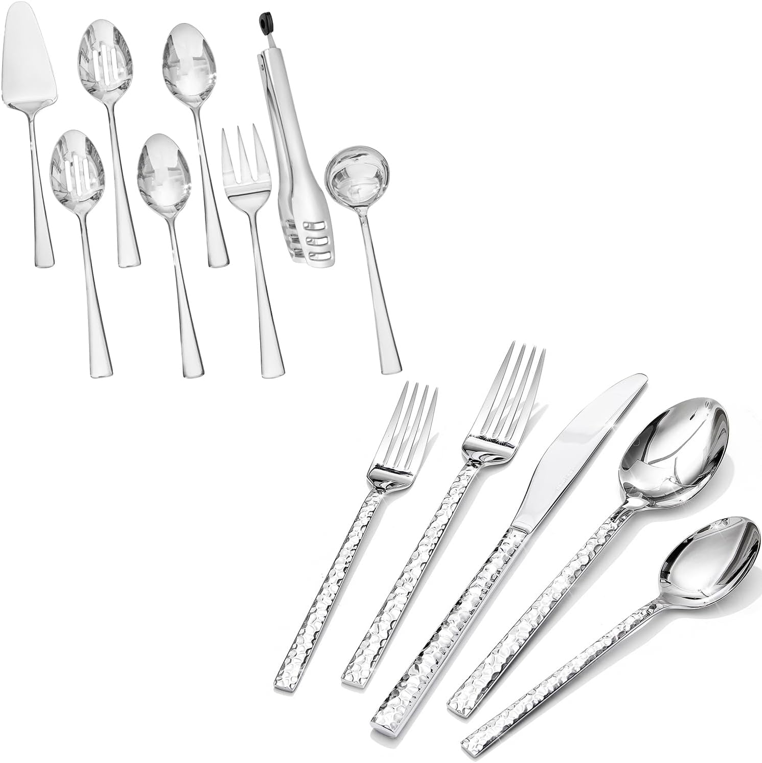 KINGSTONE 60 Piece Hammered Silverware Set and 8 Piece Serving Utensils Set