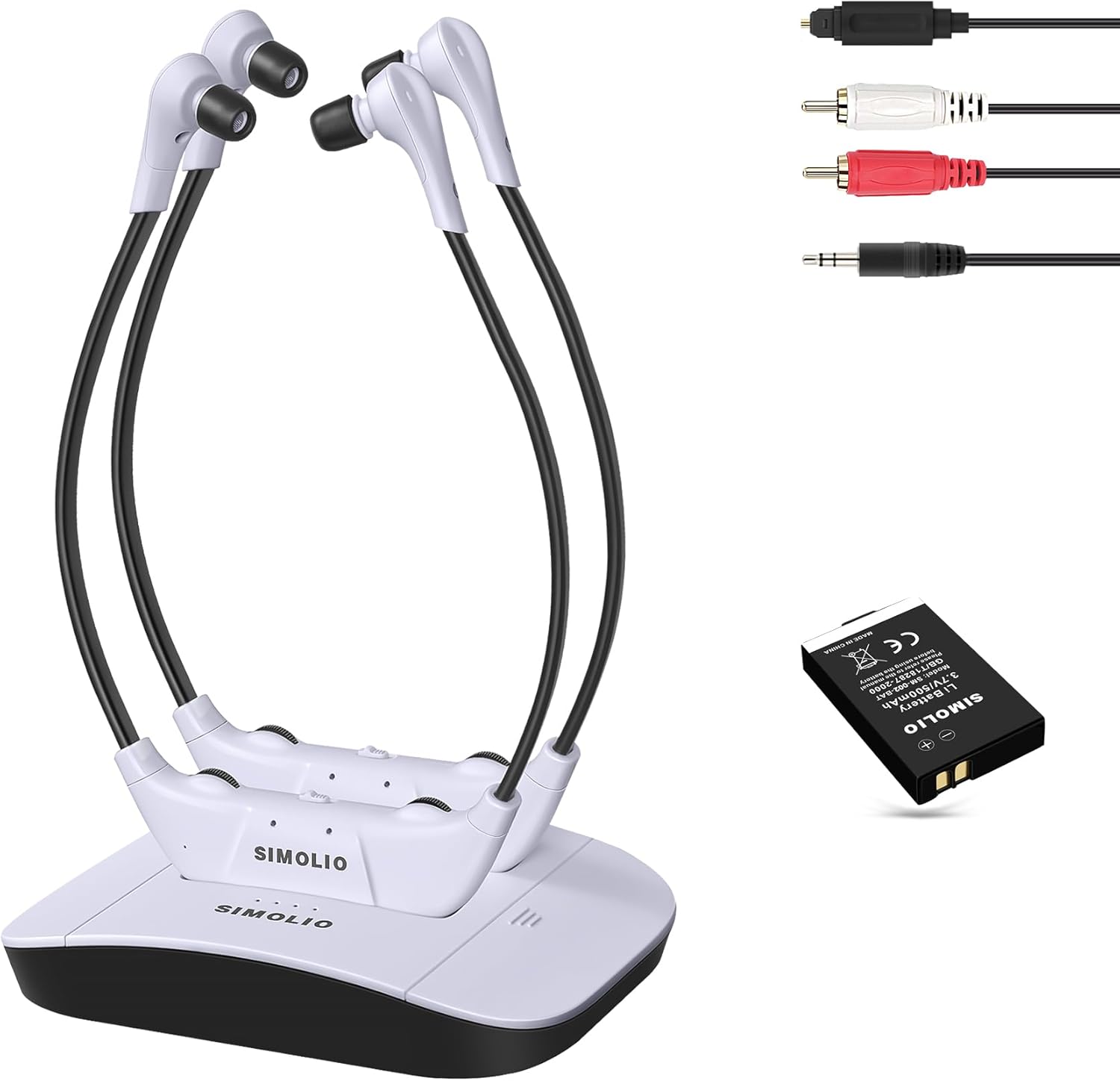 SIMOLIO 2.4G Dual Wireless TV Headsets with Optical in for Seniors and The Elderly, Extra Battery for Replacement, 100ft Range, No delay