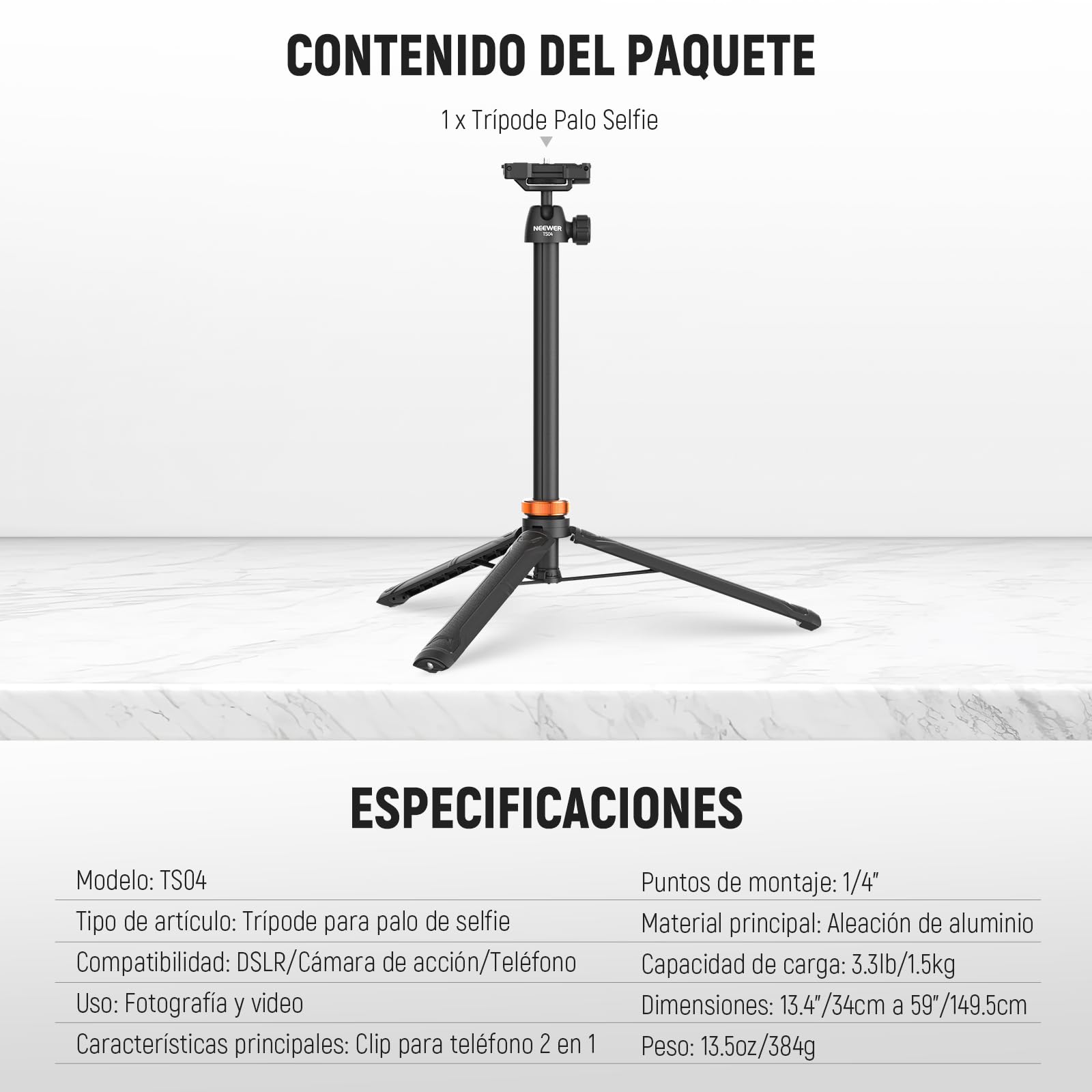 NEEWER 59" Trípode Palo Selfie Compatible con iPhone DLSR Canon Sony Camera, Soporte Escritorio Viaje Portátil Metal Pequeño con 360° Cabezal Bola Soporte Teléfono Celular para Grabación Video, TS04