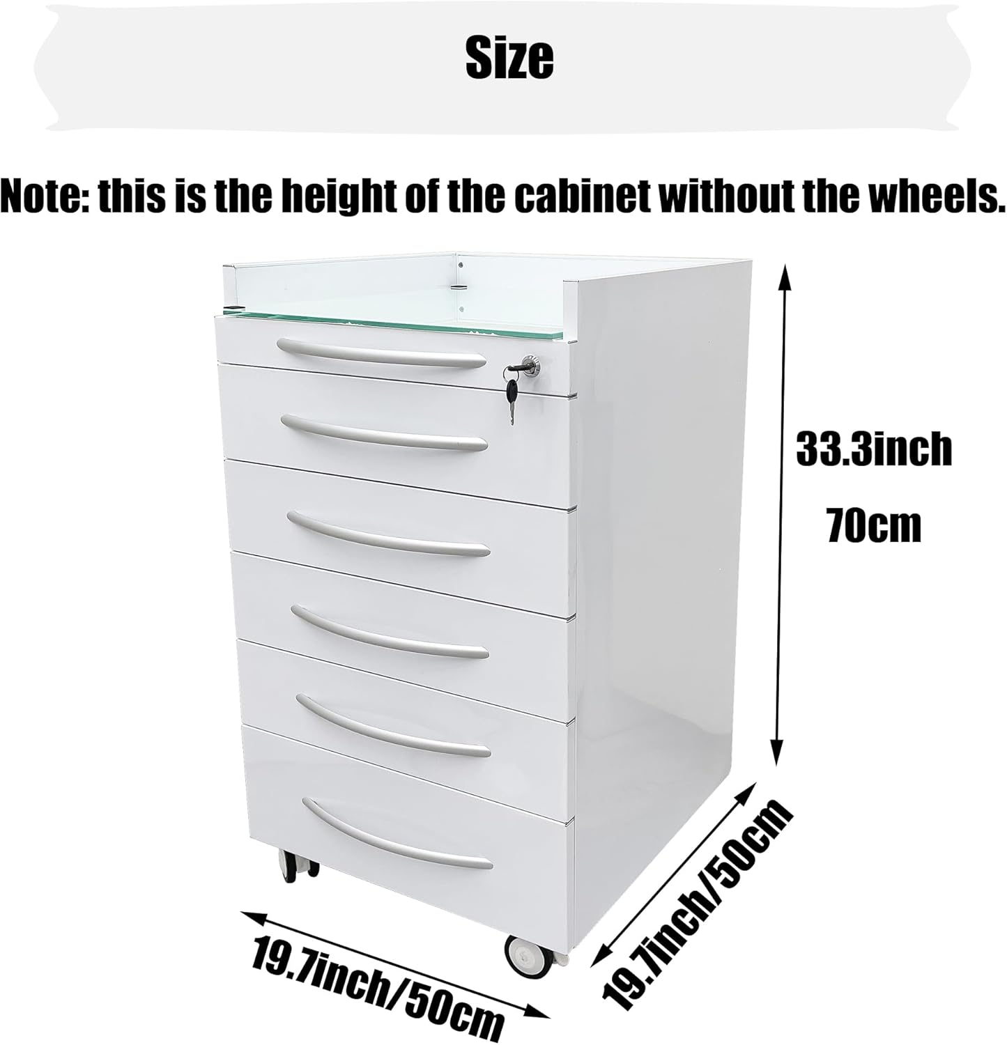 5 Drawers Mobile Office File Storage Cabinet, Stainless Steel Dental Medical Assistant Cabinet Utility Cart, Glass Countertop with Lock and Wheels and Storage Tray for Office Hospital, White
