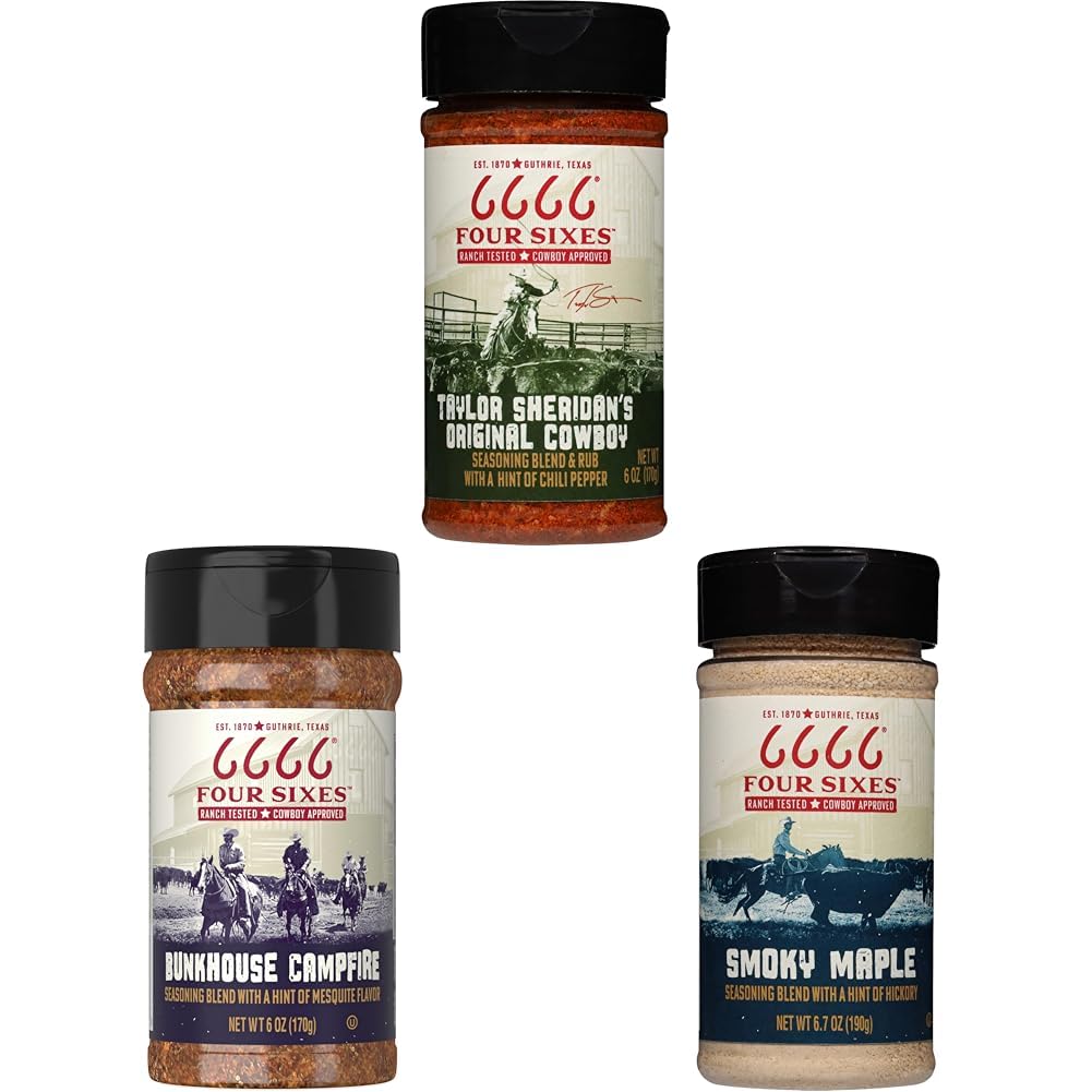 6666 Four Sixes Seasoning Blends with Original Cowboy, Bunkhouse Campfilre, Smoky Maple, and Cowboy Camp Burger, Large Bottles
