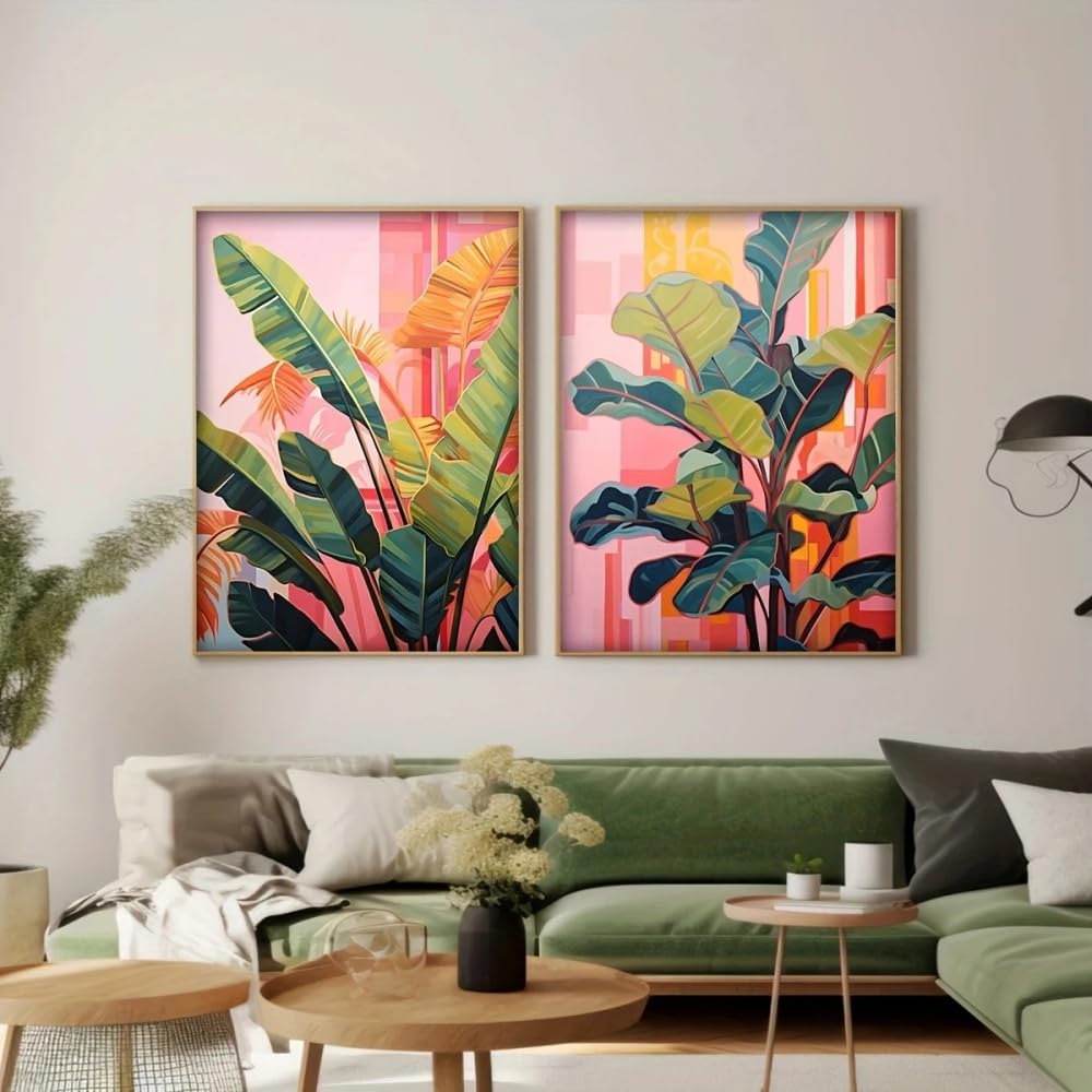 HURCP set of 2 Boho Vibrant Pink Green Palm Leaves Fig Tree Tropical Abstract Canvas Print Poster Modern Botanical Leaf Art Print Home Decor Poster,50x70 CM (19.7x27.6 In)