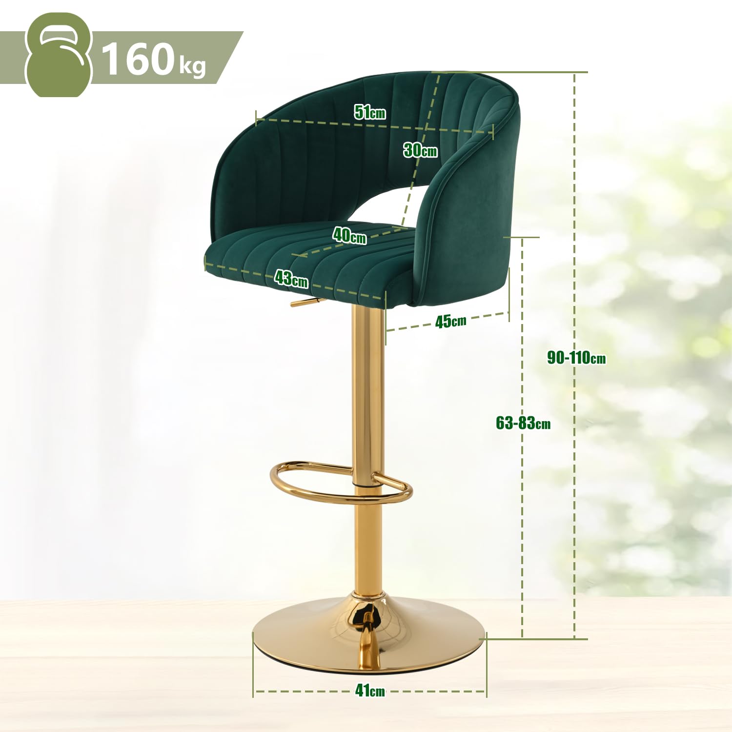 Juego de 2 taburetes de Bar de Terciopelo, Altura Regulable con Respaldo y reposabrazos, Giratorio 360°, Taburete de Cocina, Taburete para barbero, reposapiés Dorado, para Comedor, Isla de,Esmeralda