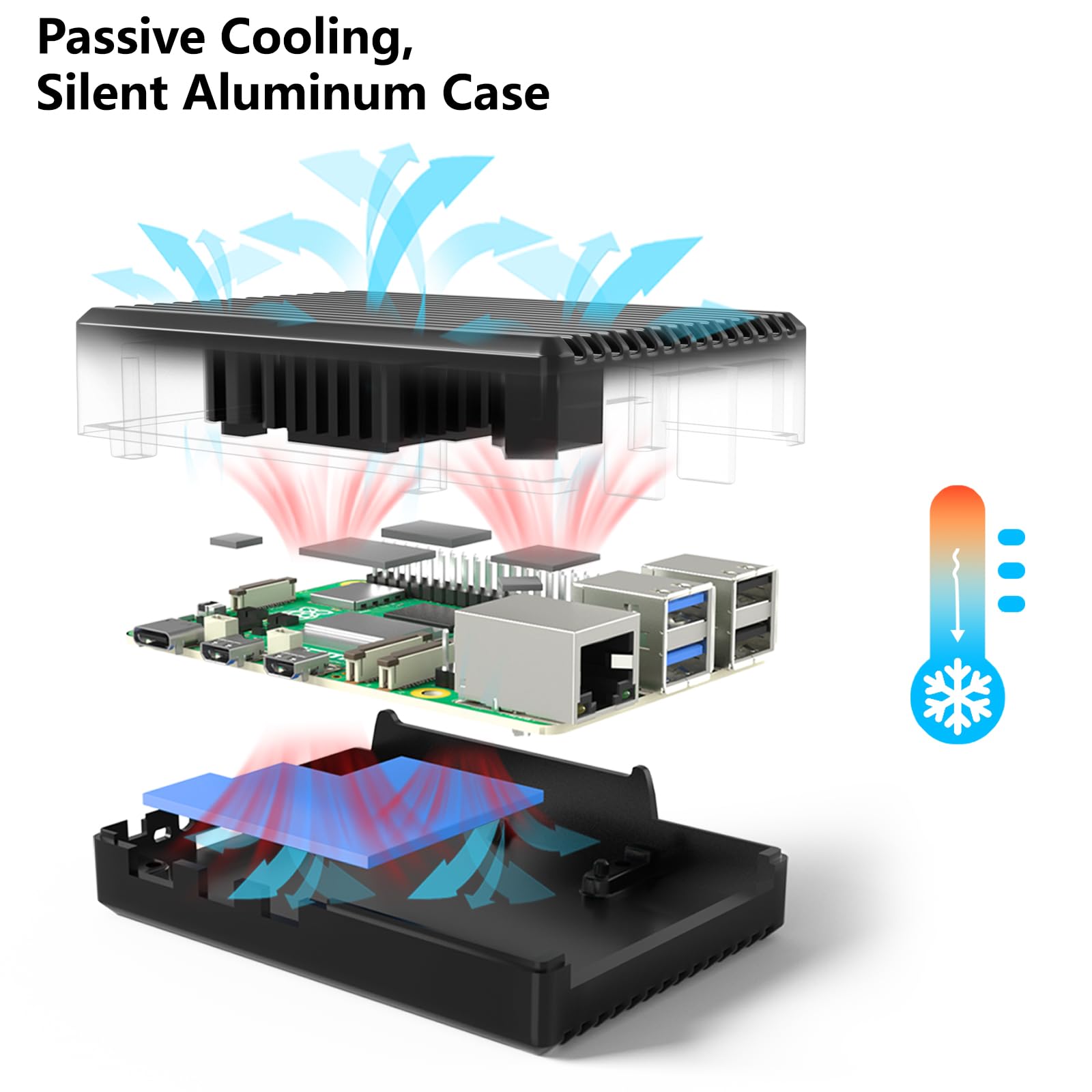 Miuzei Raspberry Pi 5 Metal Case with 4 Heatsinks, Cooler Fan, Aluminium Case, Passive Cooling Heat, for Raspberry 5 Model B 8GB/4GB Only — view 2