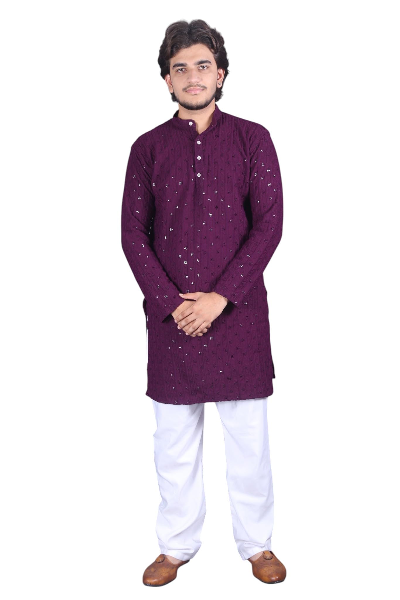 Men's Solid Maroon Silk Kameez-image-38