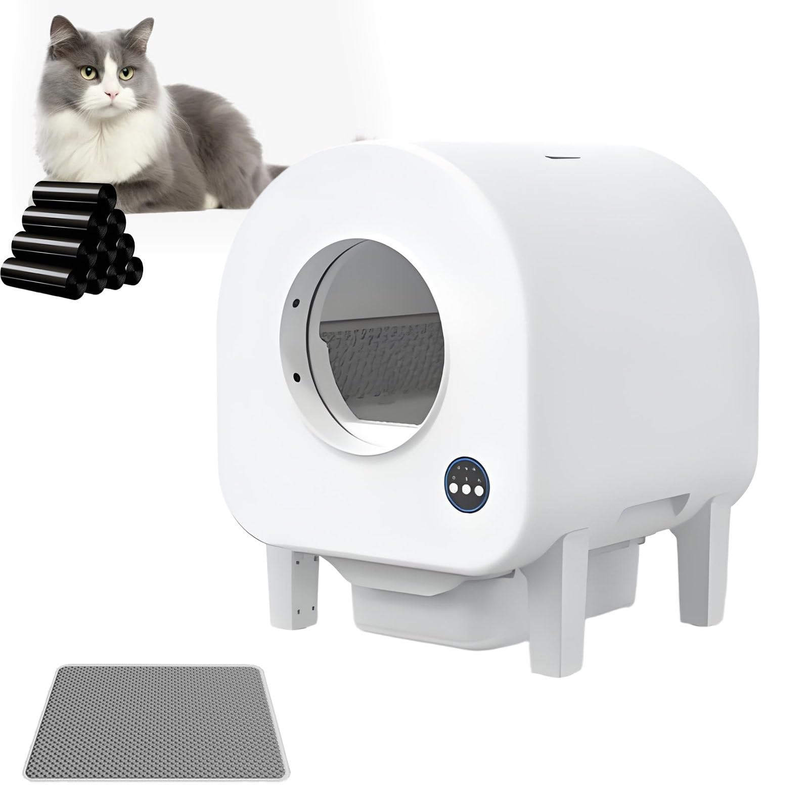 Arenero Autolimpiable para Gatos, AutomáTico con Control por App WiFi, Gran Capacidad, Sin Olores, ProteccióN De Seguridad, Bolsas De Basura Y Tapete para Arena Videomodel
