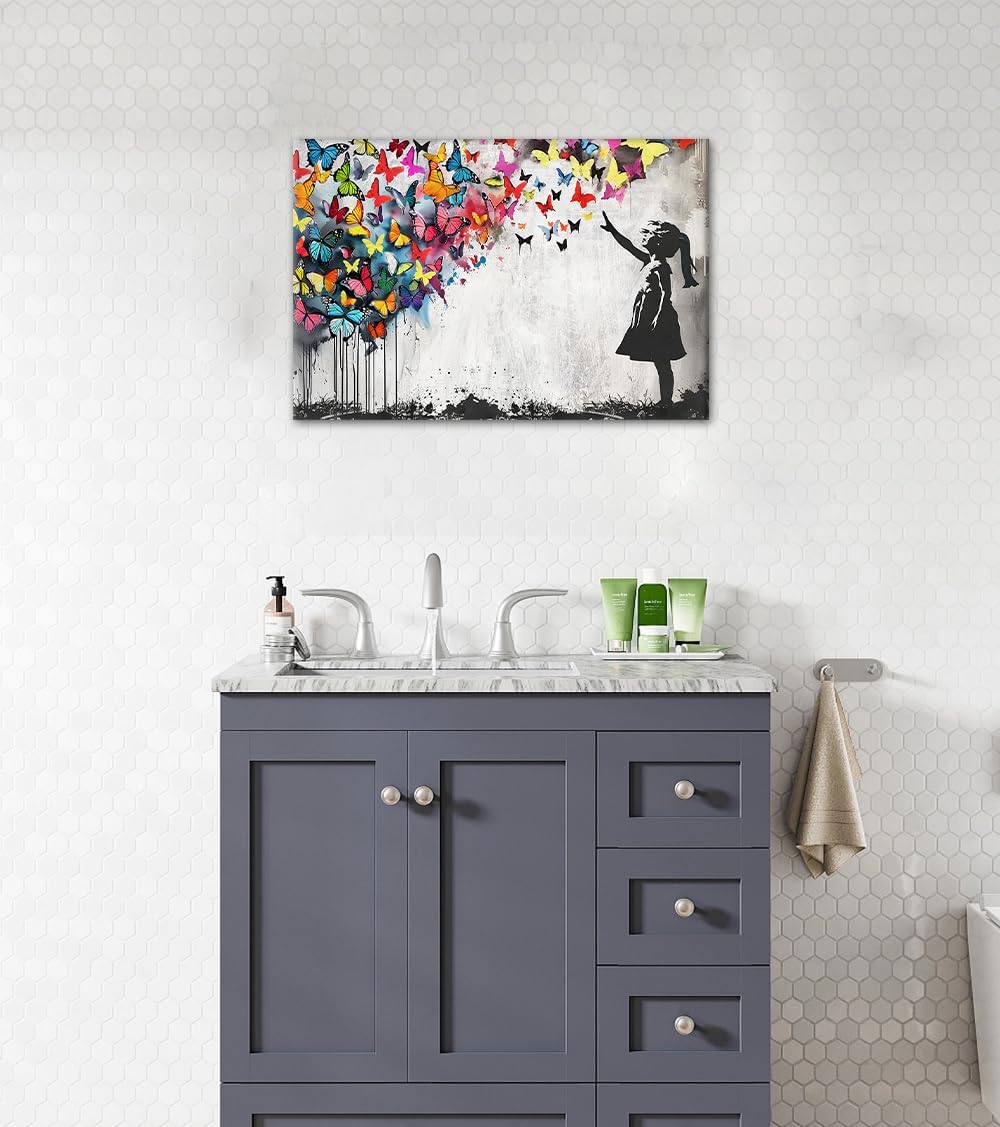 Yeesjoee Banksy Butterfly Canvas Wall Art, 12x16 Inch HD Colorful Print Framed Graffiti Poster, Vibrant Street Art for Teen Bedroom Living Room Wall Decor, Ready to Hang