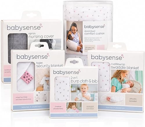 Baby Sense Hospital Essentials Kit Includes DreamFeed Nursing Cushion, Cuddlewrap Swaddle, Apron Nursing Cover, Taglet Security Blanket and 2-in-1 Burp Cloth & Bib (Pink)