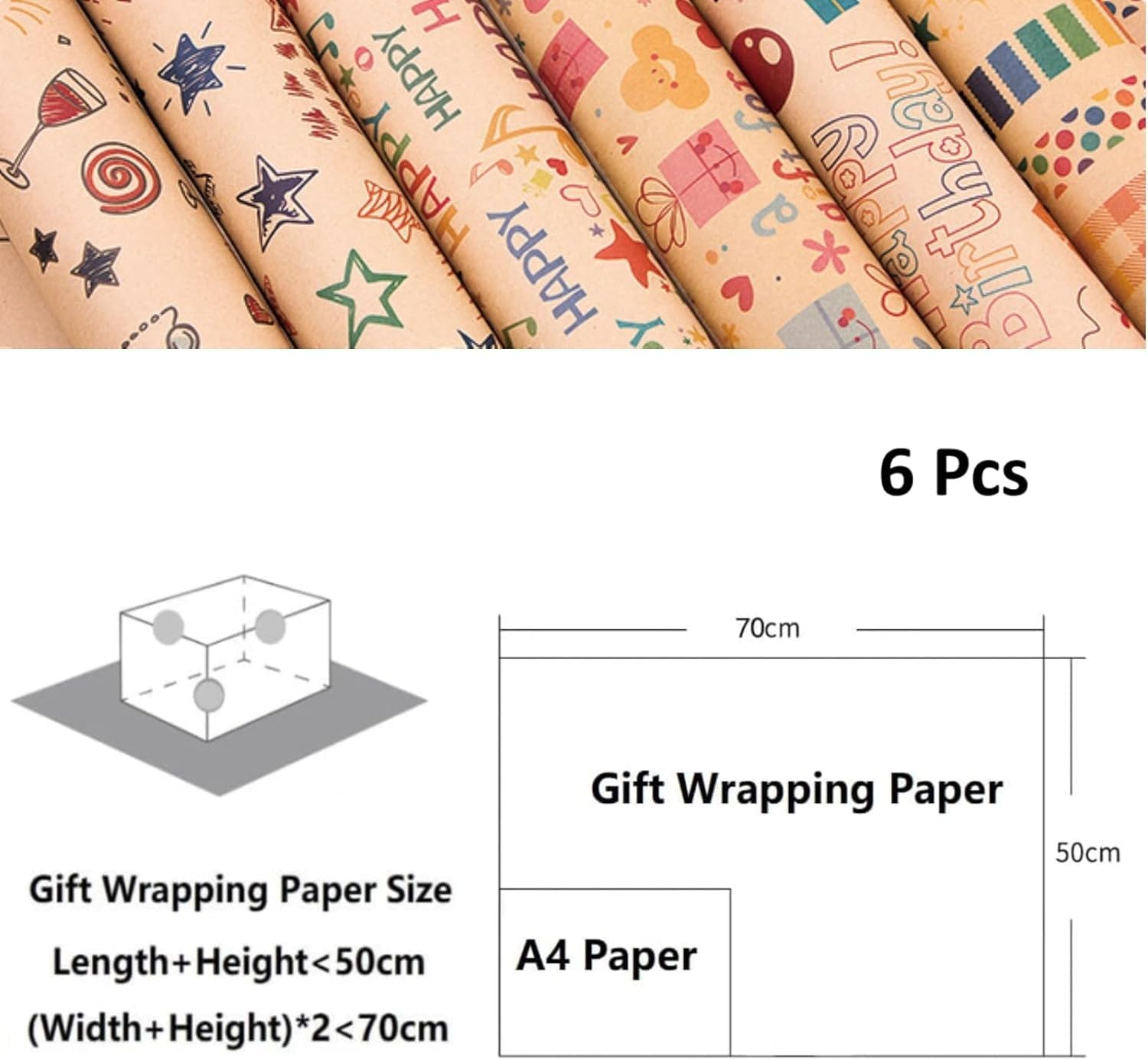 Set Carta Regalo Compleanno Kraft 50x70 Cm | 12 Fogli Riciclabili Con Adesivi E Nastro | Fai Da Te