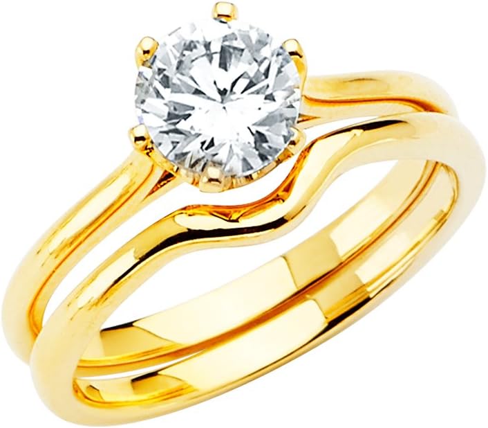 Wellingsale Ladies Solid 14k Yellow -OR- White Gold Polished Round 6 Prong CZ Cubic Zirconia Cathedral Solitaire Engagement Ring + Wedding Band Bridal Set