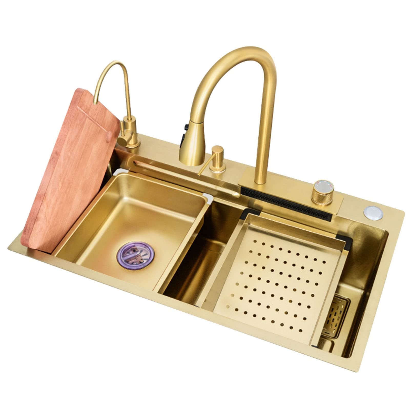 WIQUYBML Gold Sink Kitchen Raindance Waterfall Vegetable Stainless Steel Large Single Bar Multi-functional Countertop (Color : Gold, Size 68 * 45 21cm)