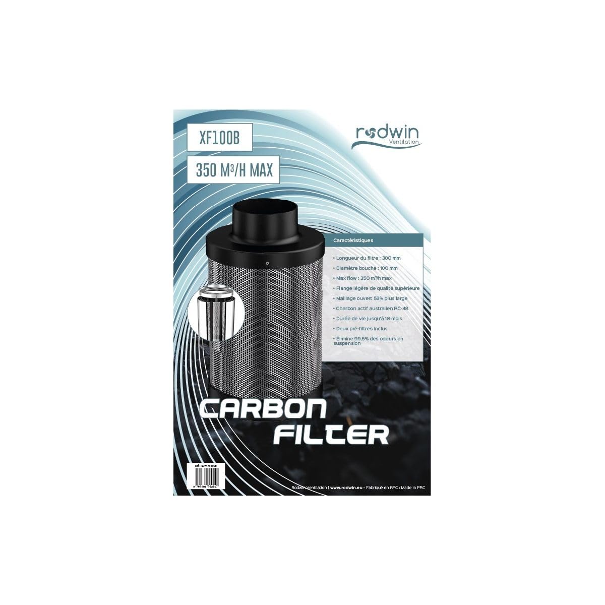 RODWIN Ventilation Filtre à Charbon Actif Australien Ø 100mm 350m³/h – Élimination 99% des Odeurs et COV