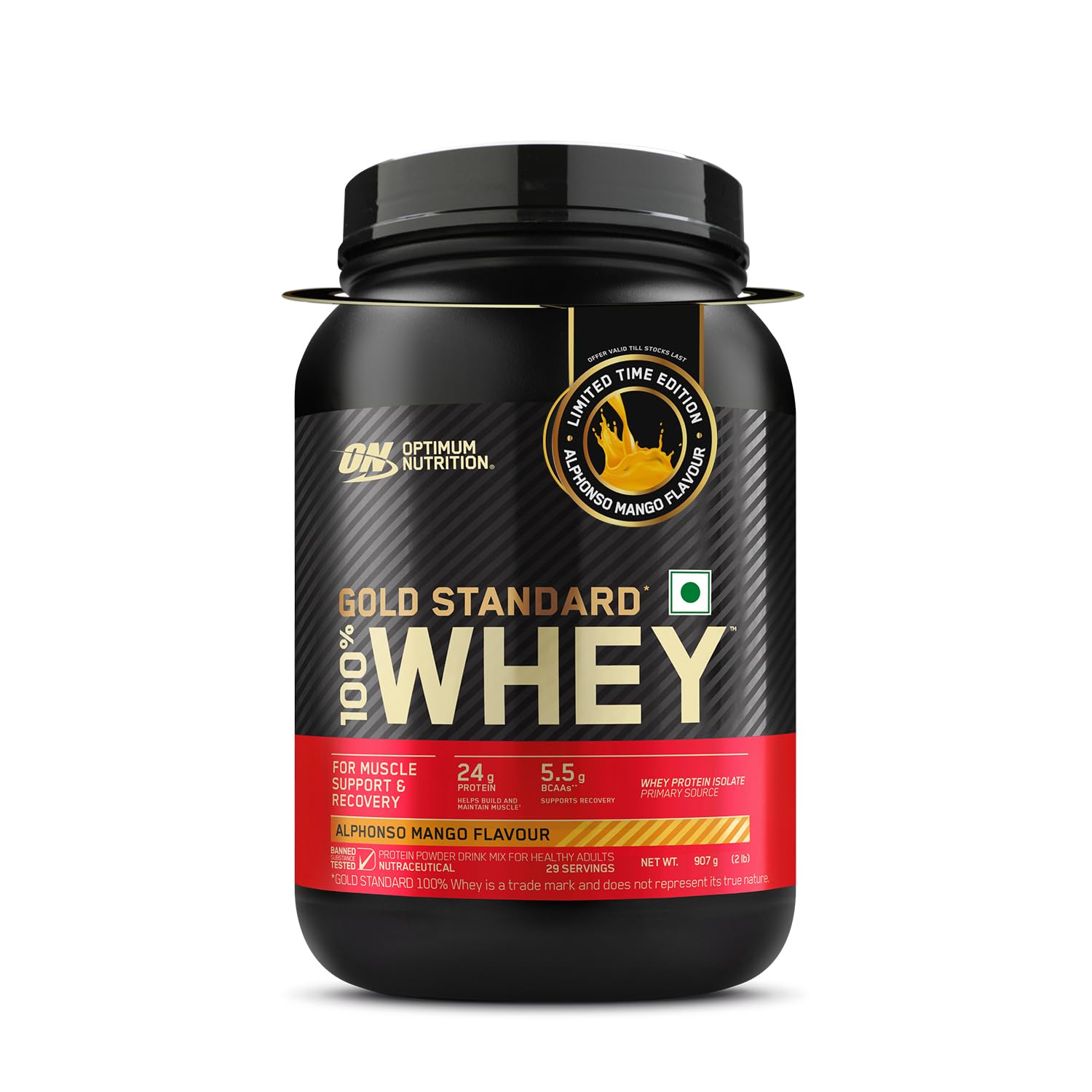 Optimum Nutrition (ON) Gold Standard 100% Whey Protein Powder 2 lb, 907g, Alphonso Mango, for Muscle Support & Recovery, Vegetarian