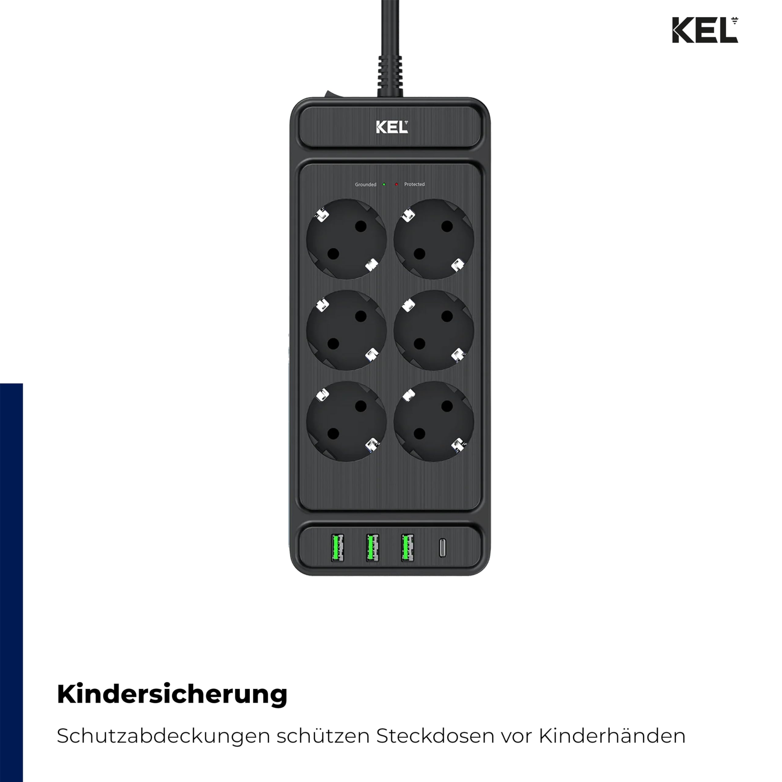 KEL Steckdosenleiste Mehrfachsteckdose Überspannungsschutz - 6 Steckdosen - 2p+Z USB A USB C 2 m Schwarz
