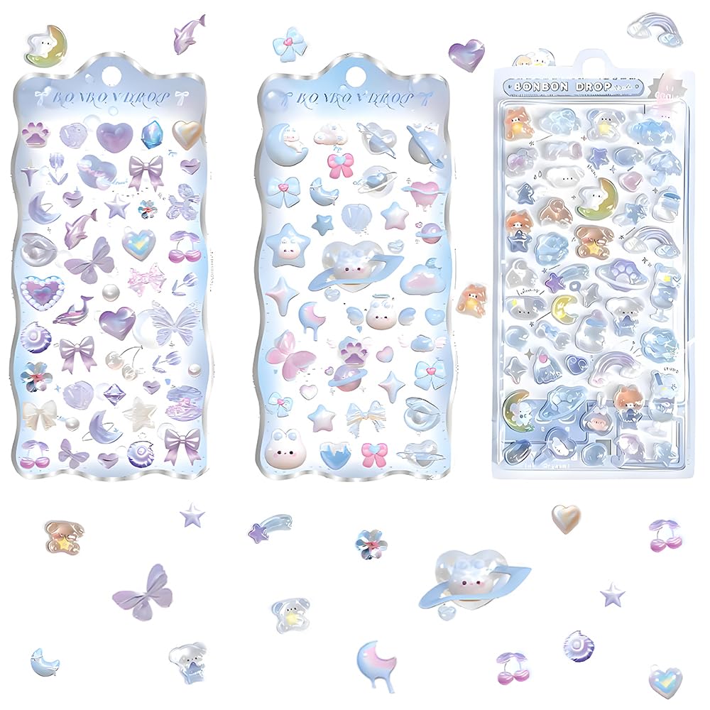 3 Sheets 3D Embossed Cute Stickers PVC Puffy Stickers Small Cartoon Mini Sticker with Starry Night and Puppy Designs for Kids Adults Laptop Water Bottle Phone Case Notebook Scrapbook Rewards