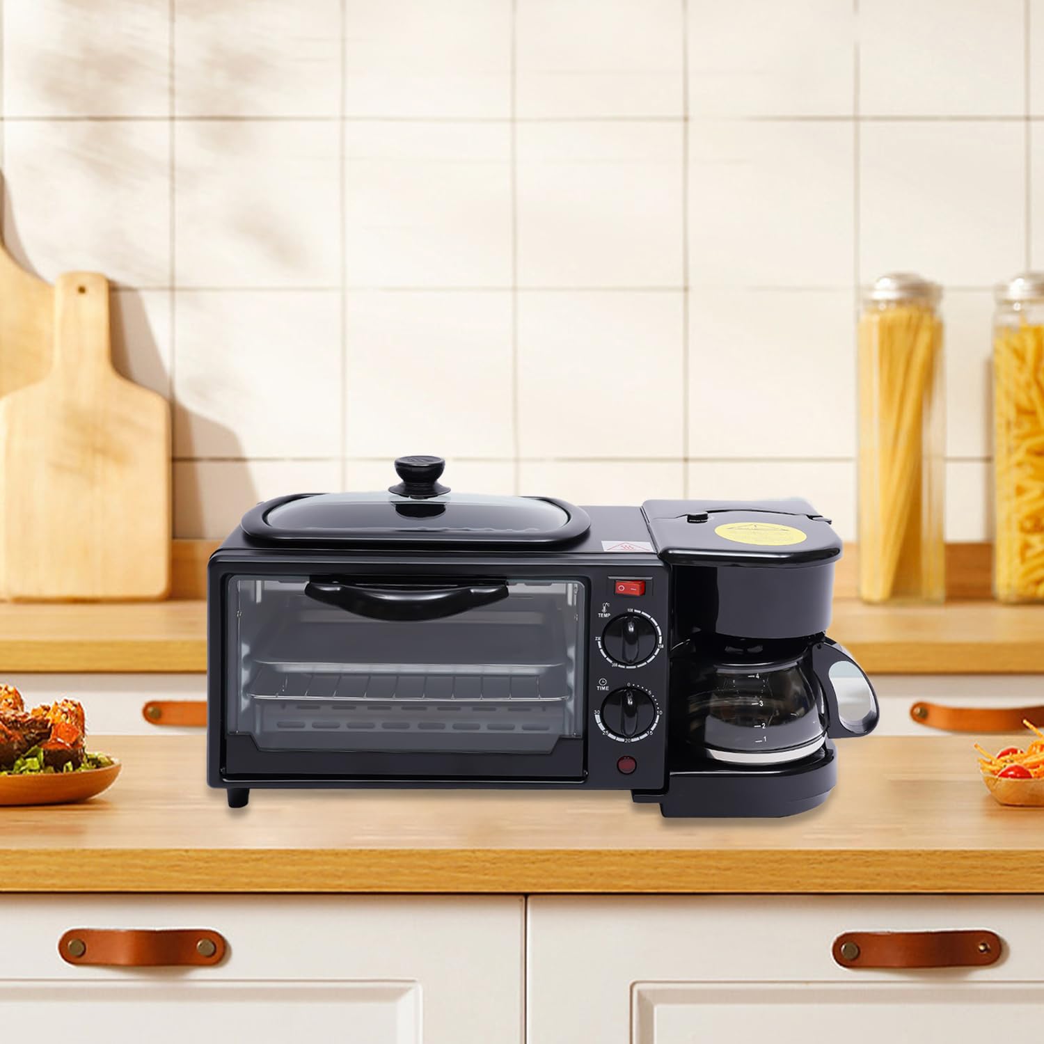 Multifunktions-Frühstückszubereiter 3-in-1, Elektrisch – Bratpfanne, Mini-Ofen & Kaffeemaschine, Antihaft, 30-Minuten-Timer, 100–230°C, Ideal für Kuchen, Sandwiches, Steaks & Frühstück