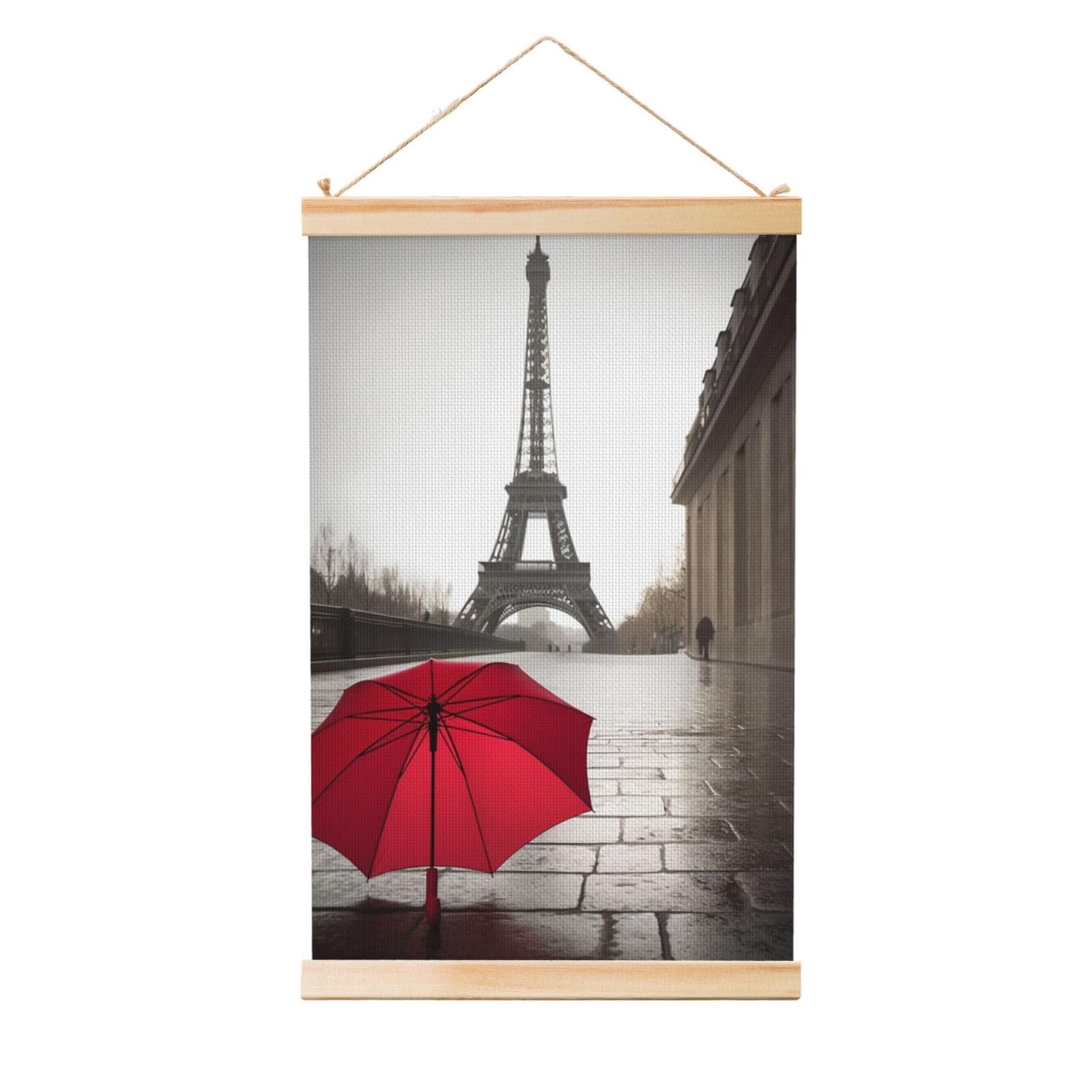 Eiffel Tower Paris Street Red Umbrella Posters Wooden Shaft Hanging Poster Canvas Prints Scroll Wall Art Painting Vintage Wall Banner Modern Artwork Decor for Home Decor Ready to Hang 20"x30"