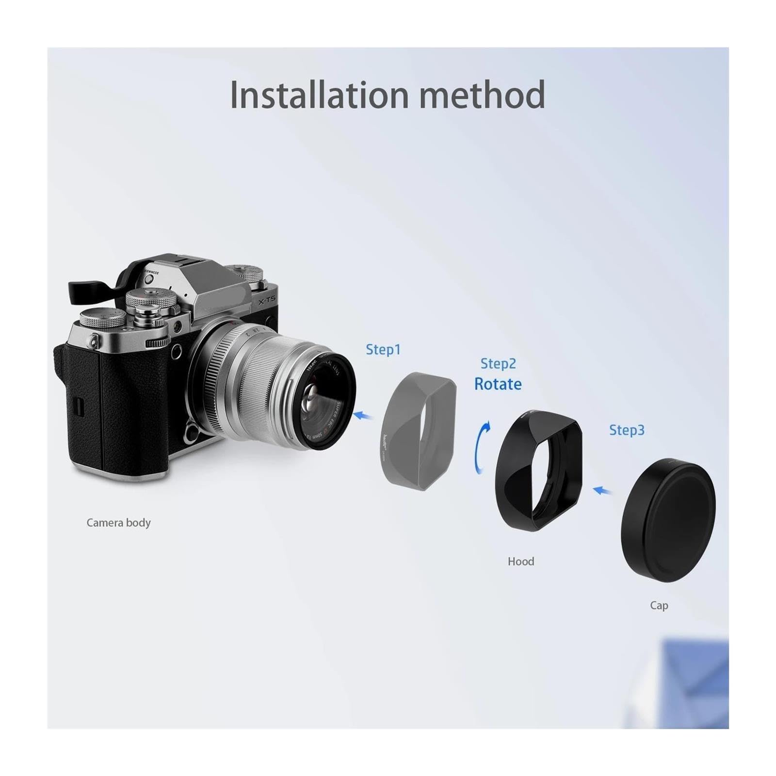 Pare-Soleil carré à baïonnette en métal LH-X50N, Compatible avec l'objectif Fujifilm XF 50mm F2 R WR avec Kit de Capuchon métallique sur X-Pro3 X-T4
