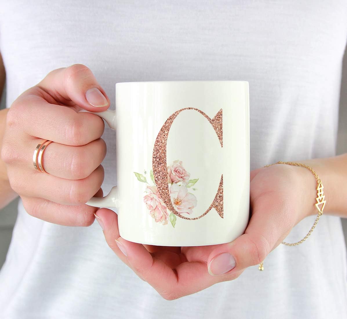 Andaz Press 11oz. Coffee Mug Gift, Pink Watercolor Roses with Faux Rose Gold Glitter Monogram Letter C, 1-Pack, Includes Gift Box, Christmas Birthday Mother's Day Graduation Coworker Present Ideas