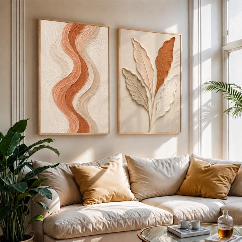 Image of NoWorries Textured Leaf Wall Painting Set of 2 with Frame | Terracotta Beige Abstract Line & Botanical Leaf Artwork, Modern Neutral Nature Wall Decor for Living Room, Bedroom, Office and Home Decoration (Art-2, 17x25inch)