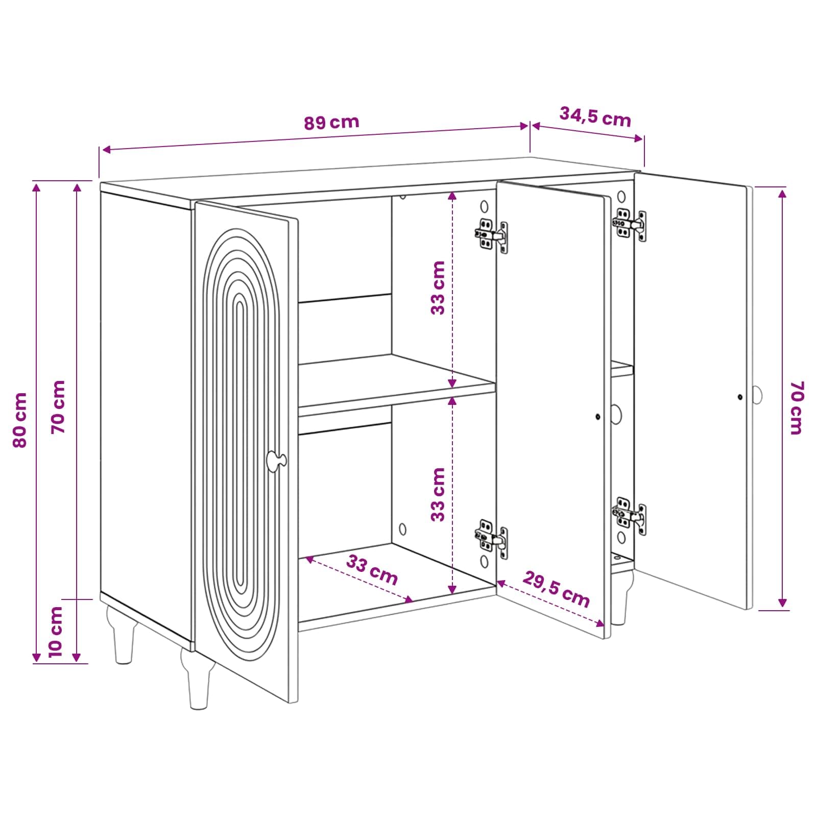 Biały kredens 89 x 34,5 x 80 cm, materiał drewnopochodny z 3 drzwiami, 2 półki, nowoczesny design, miejsce do przechowywania, uniwersalny do kuchni, salonu, biura, jadalni, korytarza, trwały