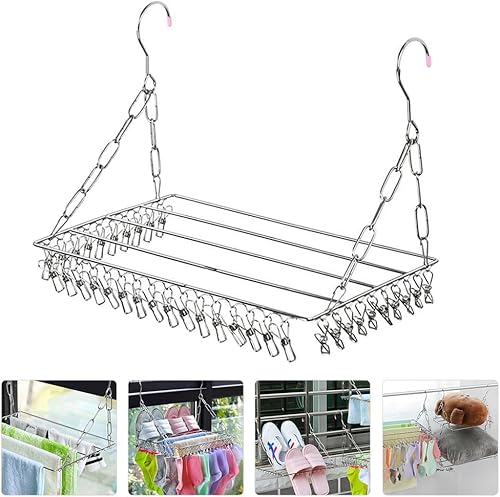 Miniatura 9 de Cabilock Percha de metal para abrigos, 36 clips, de acero inoxidable, para secar ropa, ropa interior, sujetadores, soporte de secado con clip,