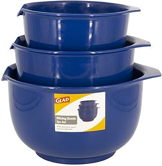 GladMixing Bowls with Pour Spout, Set of 3 | Nesting Design Saves Space | Non-Slip, BPA Free, Dishwasher Safe Plastic | Kitchen Cooking and Baking Supplies, Blue