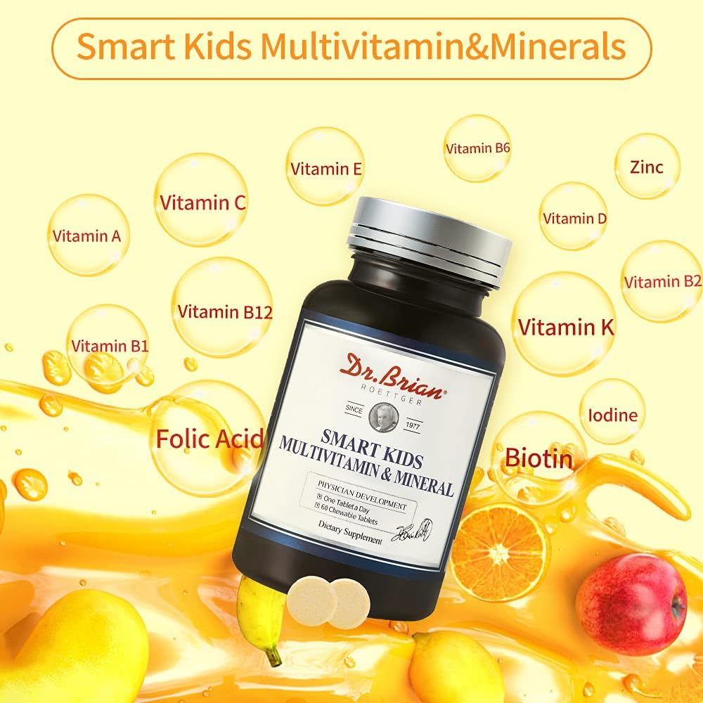 Dr. Brian Kids Vitamins Chewable Multivitamin & Mineral for Kids Children with Vitamin C,D3,A,K,B Complex B1,B2,B6,B12 Zinc Folic Acid Biotin