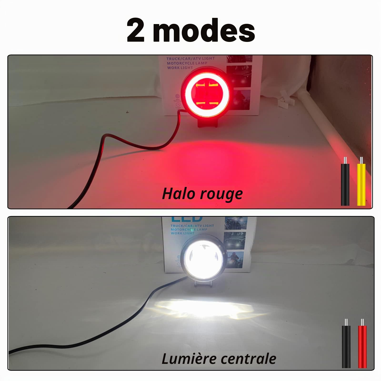 Biqing 2PCS Feux Additionnels Moto avec Rouge Angel Eye,Ronde de 3 Pouces 20W Phare LED Motos Avant 12V/24V Phare de Travail Brouillard Feux de Jour de Motos DRL Avec Interrupteur Moto 22mm