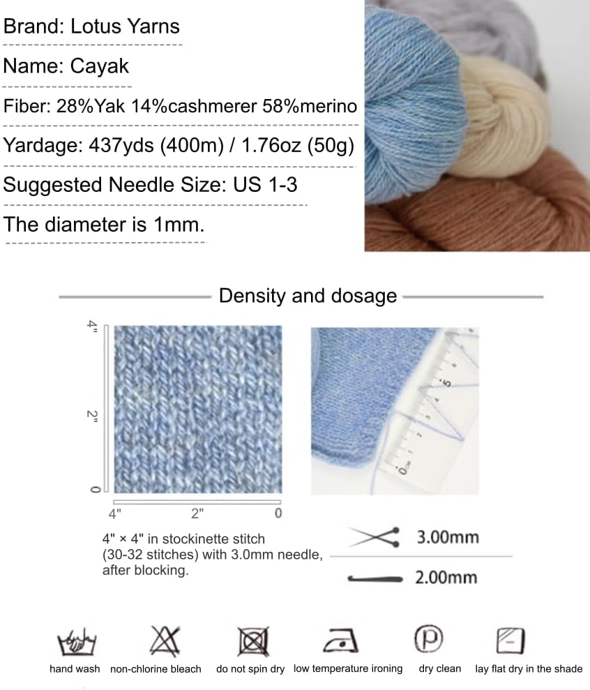 Lotus Yarns Cayak Cashmere & Yak Blend Yarn Fingering Weight 1.76oz / Skein Sweater Yarn for Hand Knitting Crochet (09 Light Flower Gray)