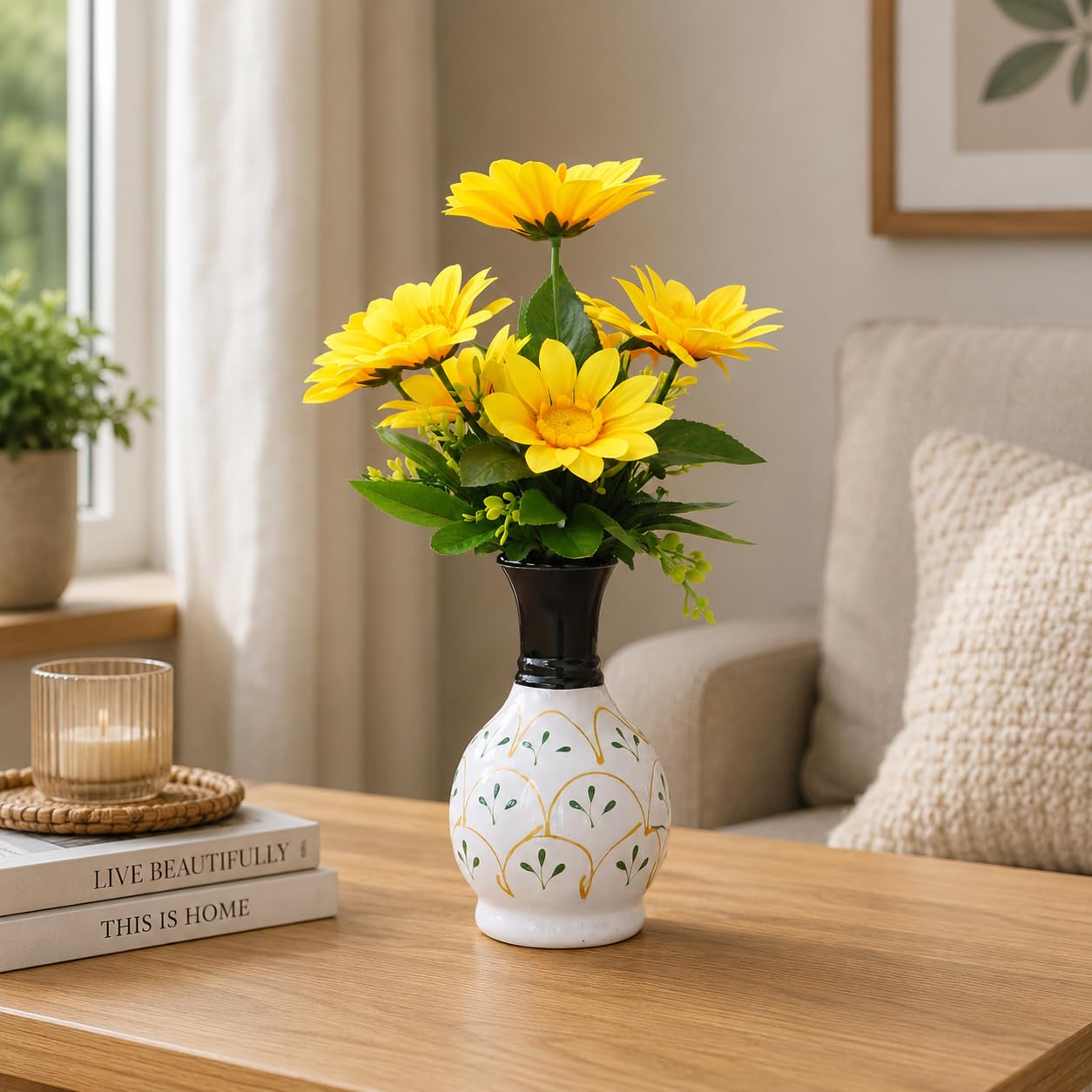 Artificial Yellow Daisy Flowers with Decorative Vase | Faux Plant with Pot for Home Decor | Table Top Pot for Living Room, Bedroom, Office Desk, Balcony & Centre Table Decoration-image-27
