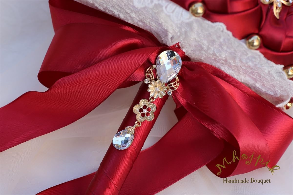 Bridal Wedding Bouquet Round Holding Bouquet Throw Toss Artificial Rose Flower Bunch for Bride Bridesmaid Wedding Quinceanera(Dark Red, 7.1")