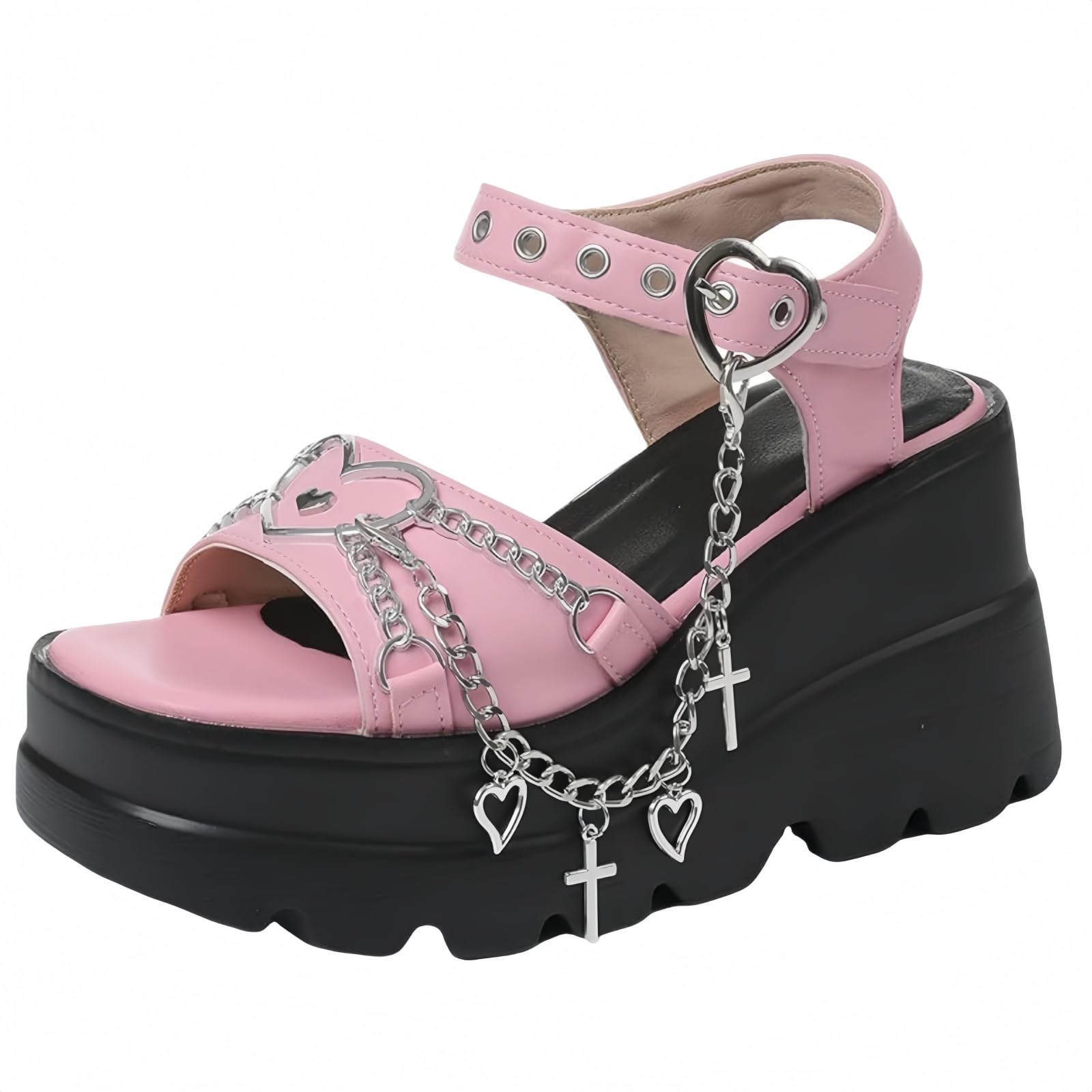 Sandales Punk Femme Clous Chaîne Araignée Crâne Étoile Brides Gothiques Plateforme Compensée Boucle Talon Épais Mules Bout Ouvert Vacances Été Plage Fête