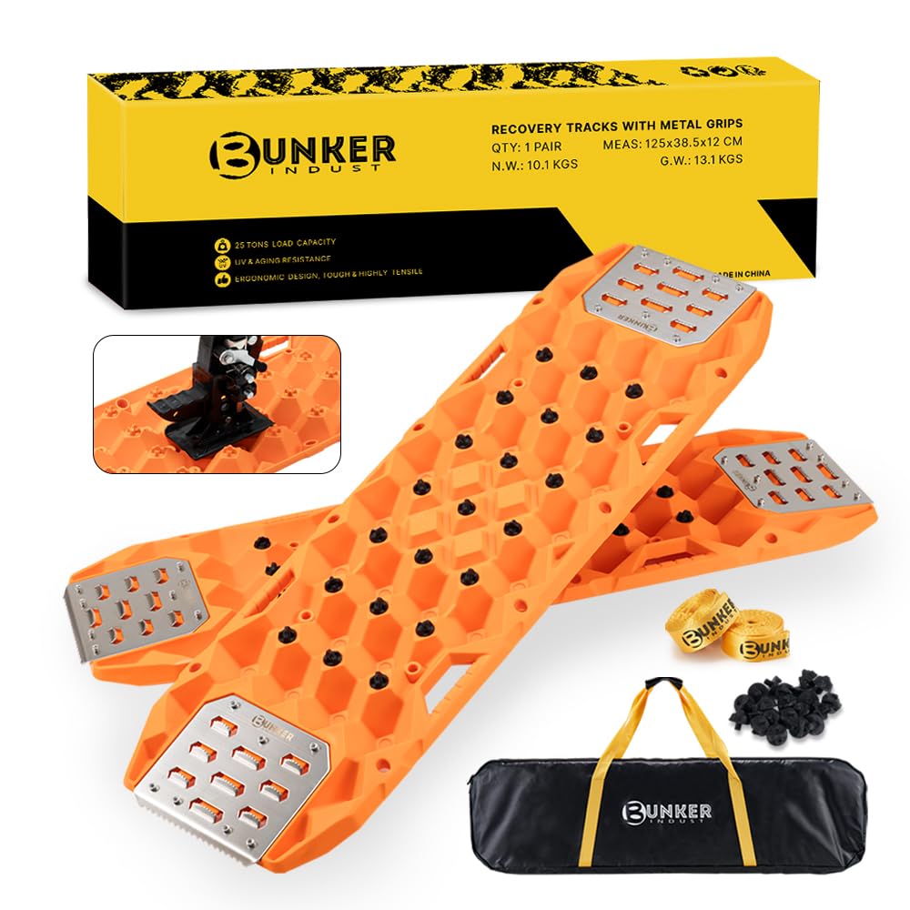 BUNKER INDUST Offroad Traction Board with Jack Base,Pair 47.24" L x 14" W Recovery Track Tire Traction Mat -Orange Sand,Mud,Snow Ramps (Replaceable Dual Colors Teeth/Rugged Steel Plate) Gen 11th