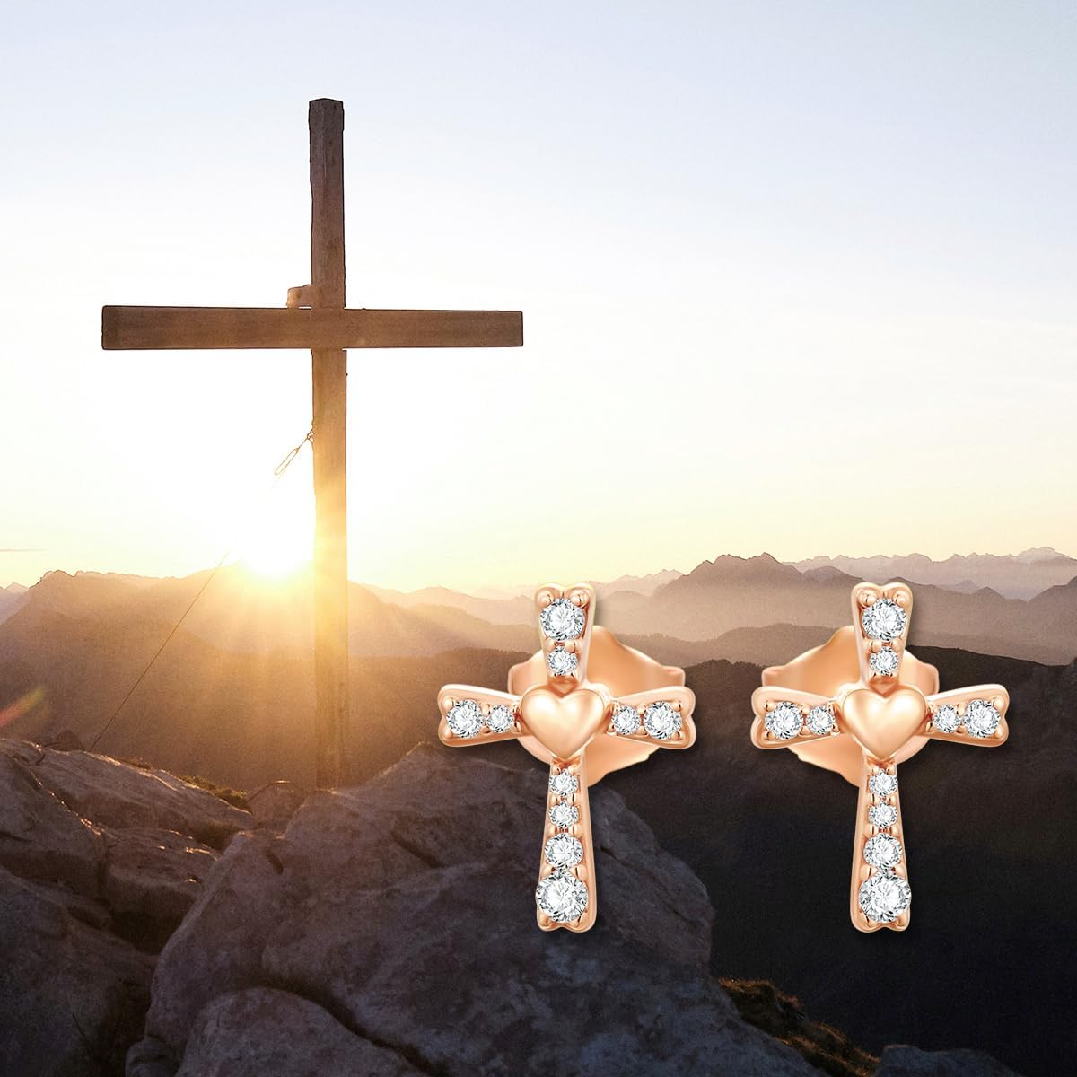 SISGEM 14k Rose Gold Cross Stud Earrings for Women, 14kt Created Moissanite Religious Jewelry Confirmation Gifts for Her - Image 7