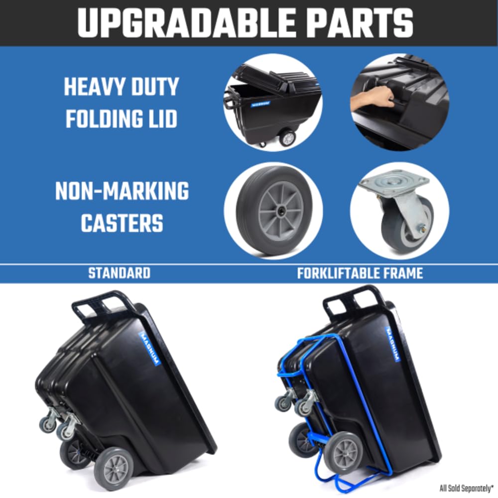 MAGNUM Tilt Truck with options for upgradable parts including heavy duty folding lid, non-marking casters, and forkliftable frame