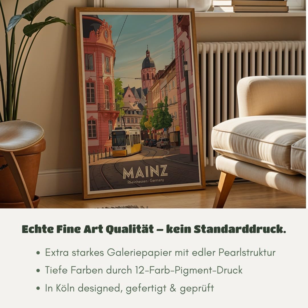 MJ-GRAPHICS® Kunstdruck Mainz Rheinhessen Tram Wandbild Architektur Stadt Pastellfarben Wohnzimmer Deko klassisch urban Fine Art Poster Straßenszene A2 mit beigem Rahmen