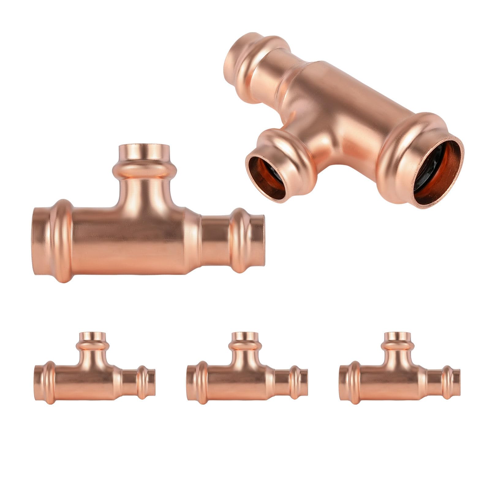 Paquete de 5 conectores en T reductores de cobre GUOFIS, 1" P x 1/2" P x 1/2", conector en T reductor de presión para plomería, conector de tres vías para derivación de transición de tamaño de tuber