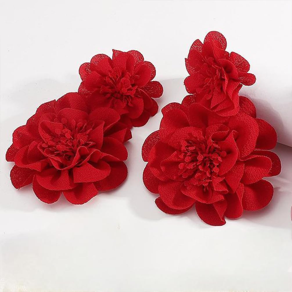 Statement Oversized Red White Double Fabric Flower Dangle Drop Earrings for Women, Charm Boho Floral Dangling Earring Bold Party Prom Vacation Jewelry Gift - Image 4
