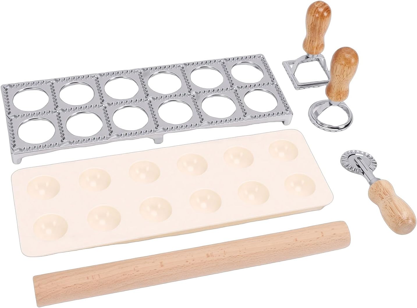 Pssopp Ravioli Maker Press, Squares Ravioli Maker Cutter Pasta Making Tool with Wood Rolling Pin for Home Kitchen Supplies