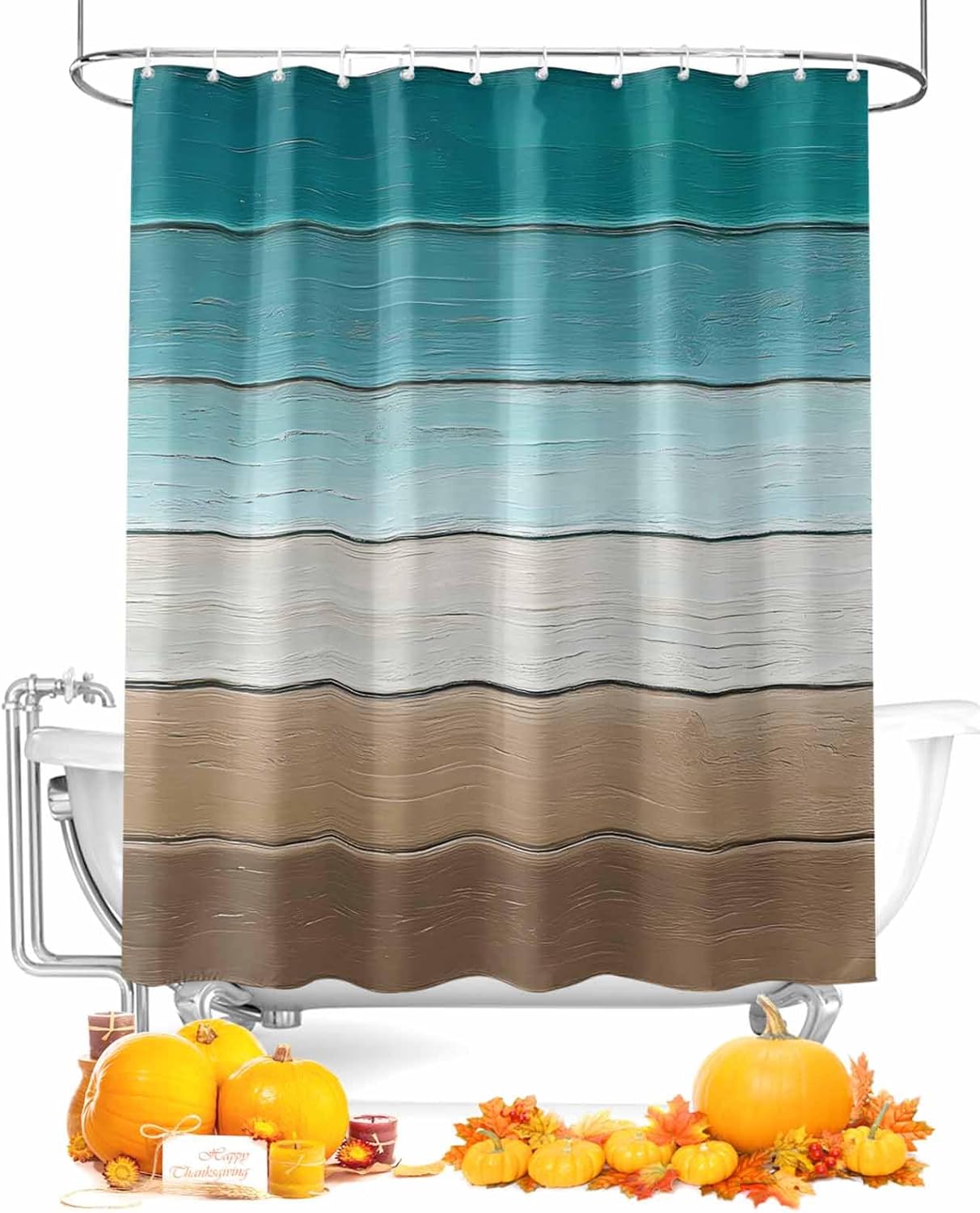 Extra Long Shower Curtain 72x84 Inch, Teal Brown Shower Curtain Waterproof Bathroom Decor Rustic Vintage Abstract Ombre Wooden Plank Fabric Bath Curtain Set Accessories with Hooks