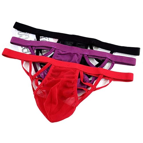 KHUFUZI Men's 3 Colors Pack Sexy Underwear Ice Silk G-Strings Waistband Bikini Thongs Gift For Boyfriend Husband
