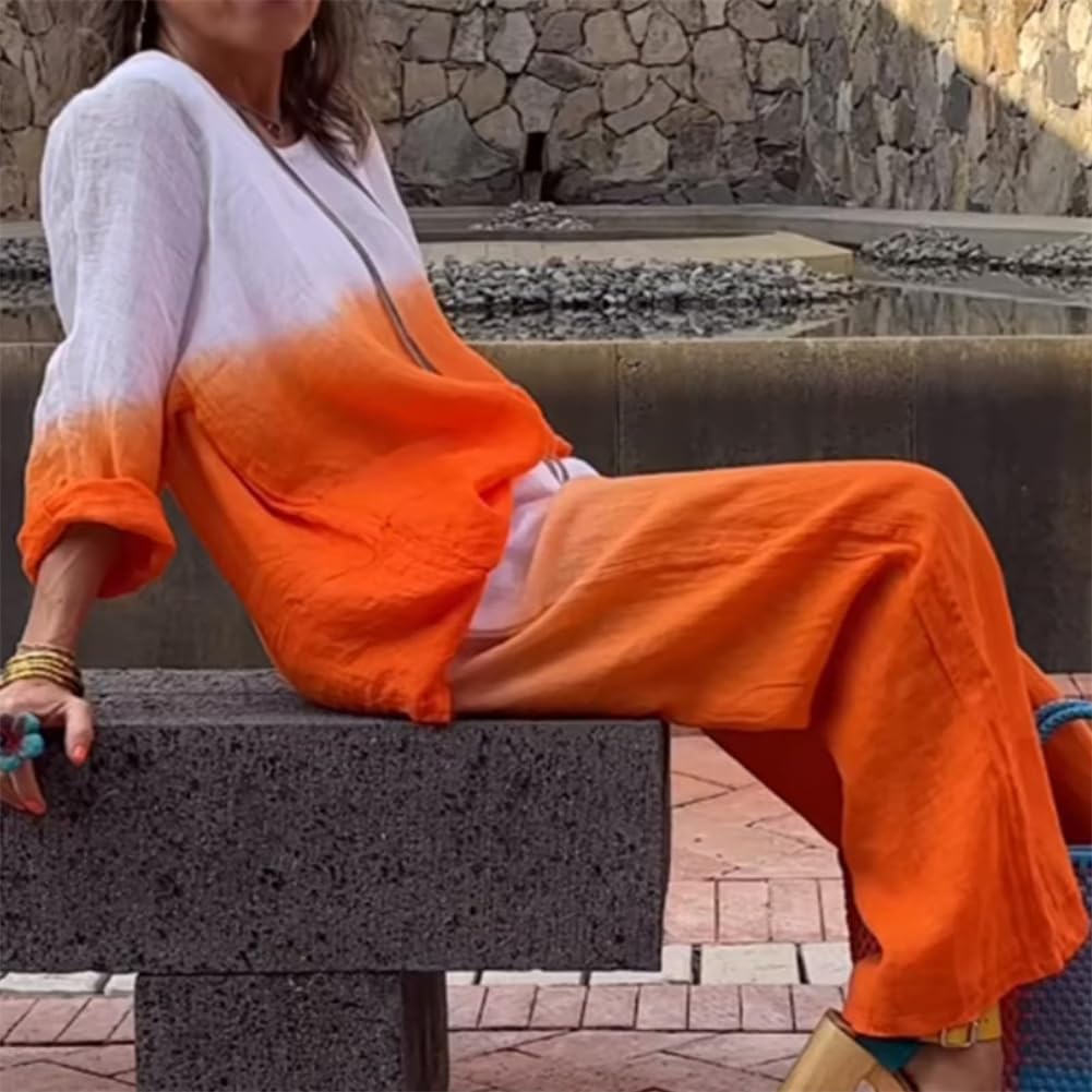 Set da donna casual e confortevole sfumato due pezzi Abiti estivi in lino per le donne Gamba larga Set di pantaloni a palazzo