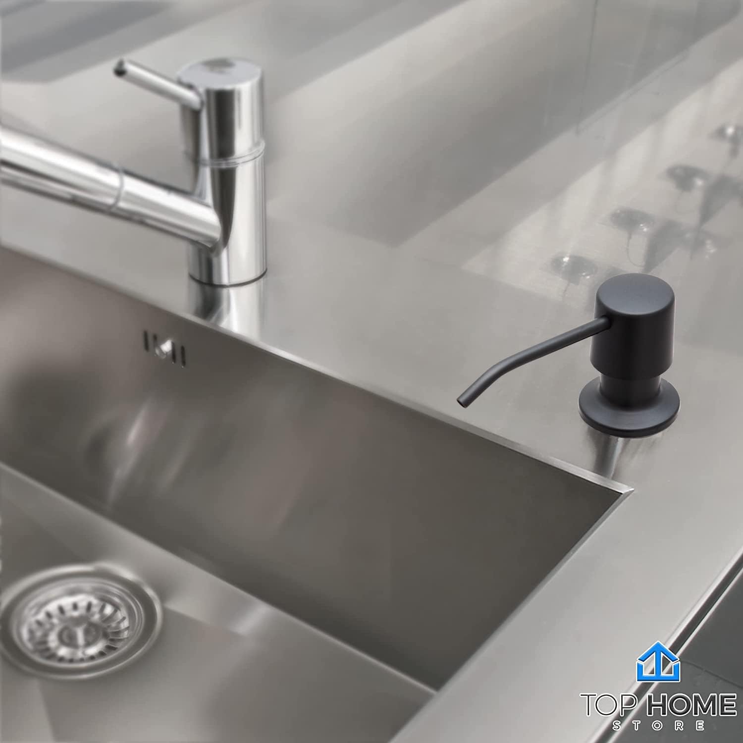 Kitchen Sink Soap Dispenser, Black Matte Stainless Steel Pump for Countertop, Large Bottle with Top Refill (1 Pack)