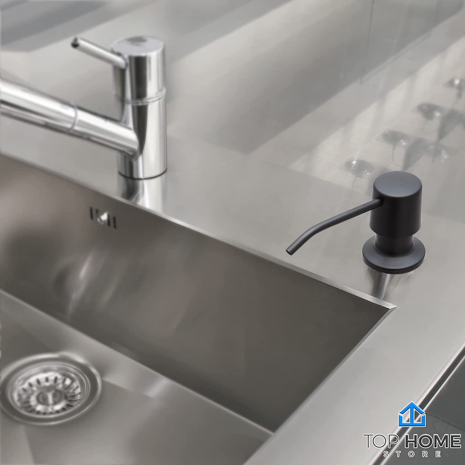Dispensador de jabón para fregadero de cocina, acero inoxidable para encimera con botella grande de jabón líquido, repuesto de la parte superior (negro mate, 1)